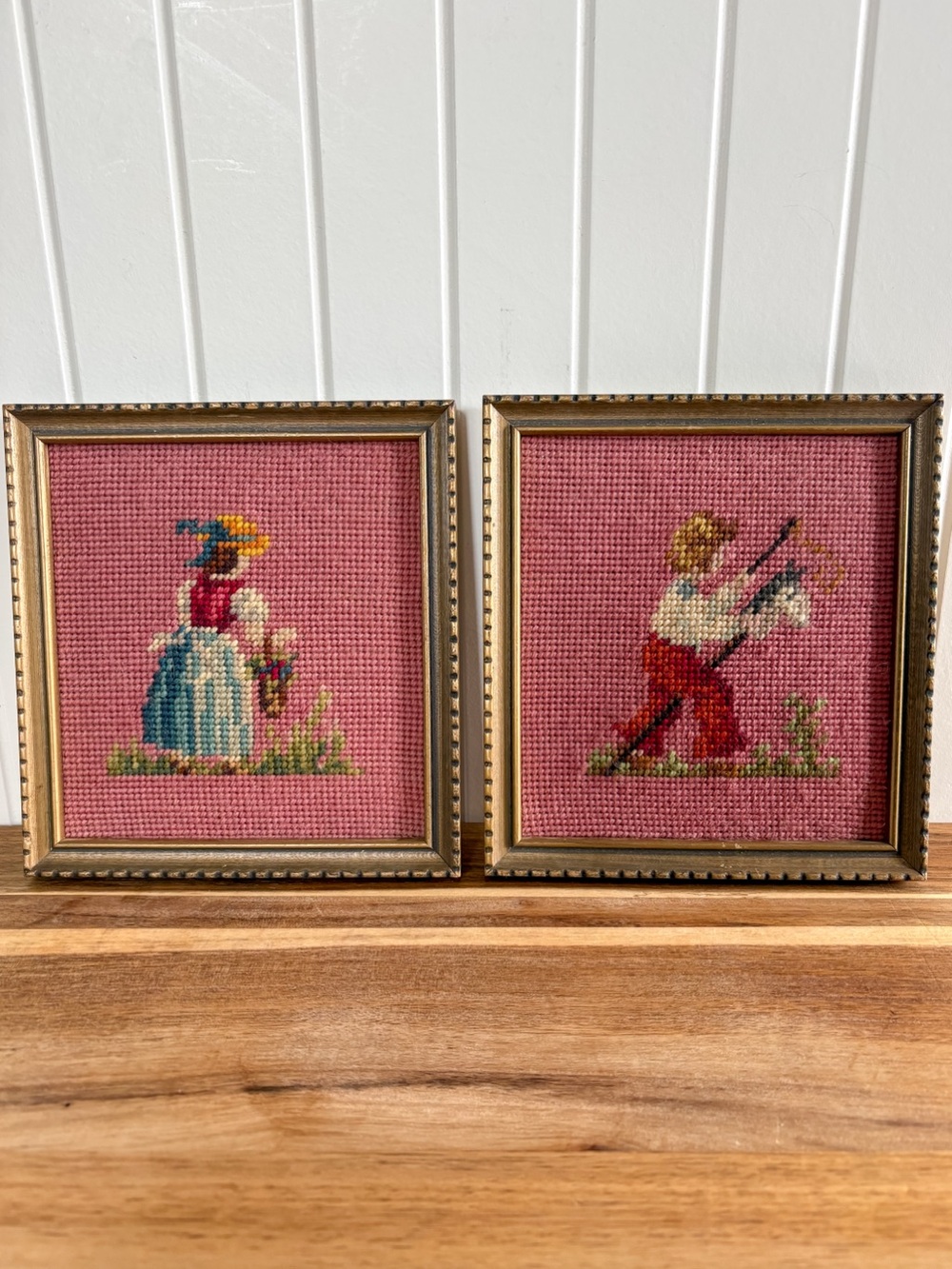 Vintage Framed Needlepoint Folk Art Boy & Girl Pair 7”